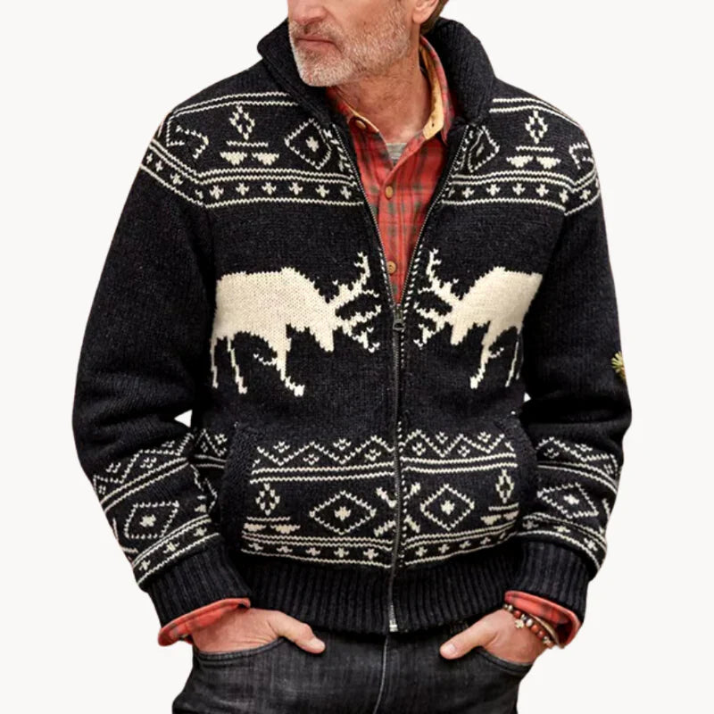 Mountridge - gemütliche herren-pulloverjacke im patchwork-design mit rentiermotiv