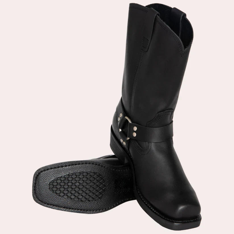 Erik – klassische leder-boots mit stabilem absatz und harness-design