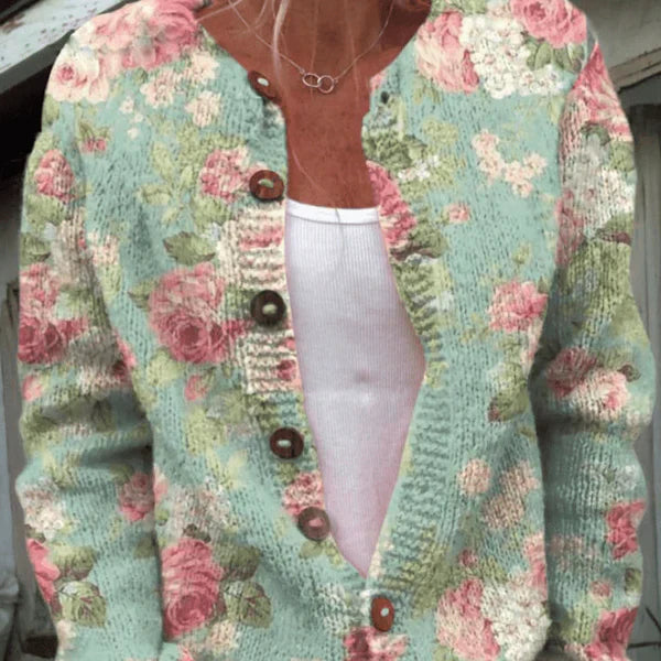 Marlene – gestrickte strickjacke mit blumenmuster und knopfleiste