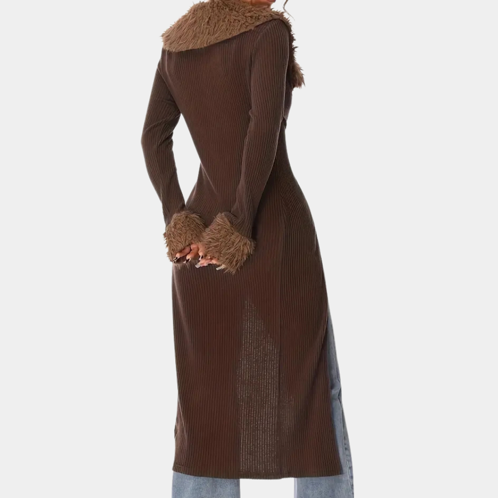 Nadiya | Strickmantel mit Fellkragen und Bindegürtel für Frauen