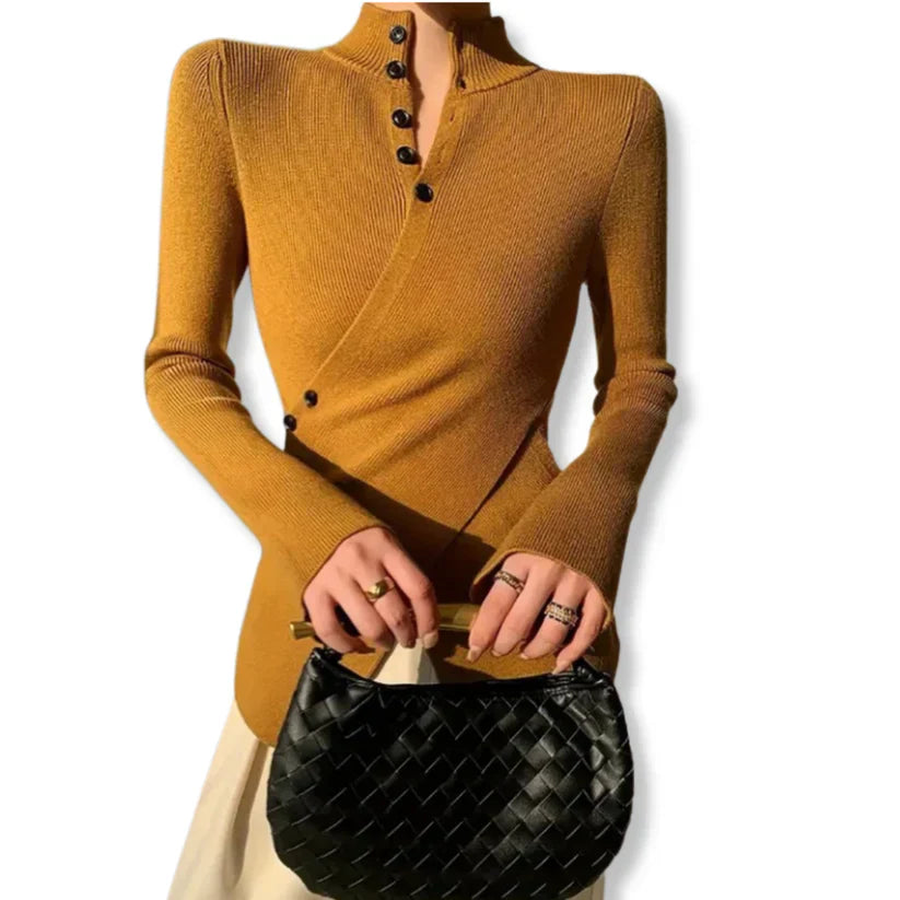 Fiona – slim fit strickpullover mit hohem kragen und knopfdetails