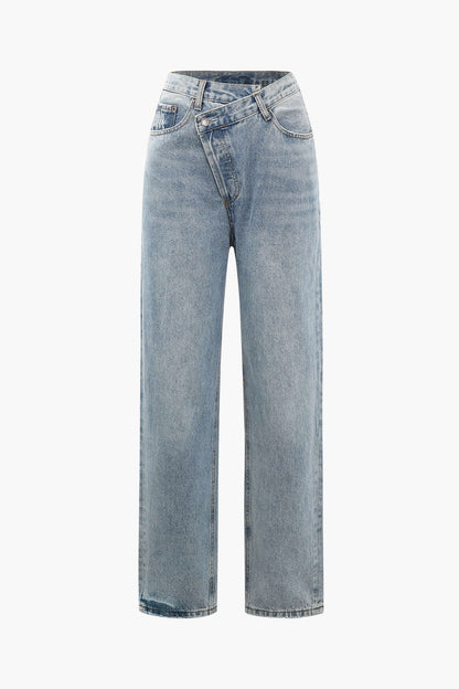 Cornelia damenjeans mit asymmetrischem bund – moderner high-waist fit