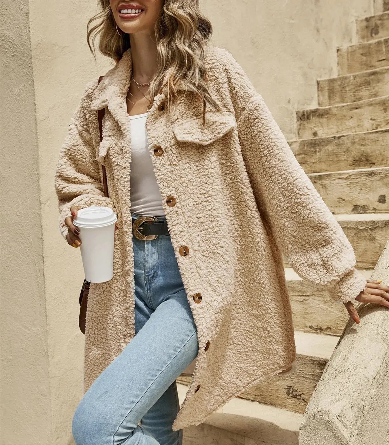 Halie bequeme teddy-jacke mit knopfleiste & brusttaschen