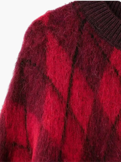 Zelda vintage-pullover aus rotem argyle-strick – damen