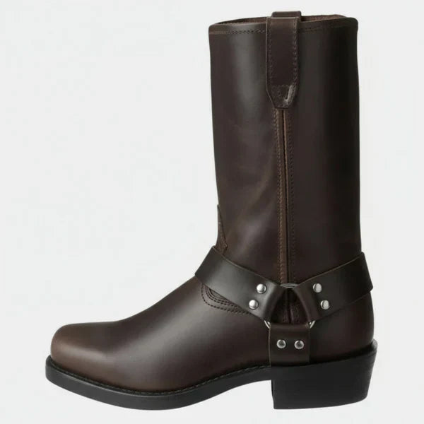 Damen-lederstiefeletten mit nieten, biker-absatz und riemen – damen