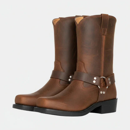 Damen-lederstiefeletten mit nieten, biker-absatz und riemen – damen
