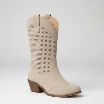 Damen-cowgirl-stiefeletten mit perforation und western-absatz – damen