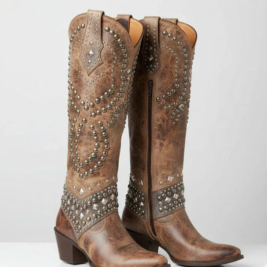 Kniehohe western-cowgirl-stiefel für damen mit nieten – damen