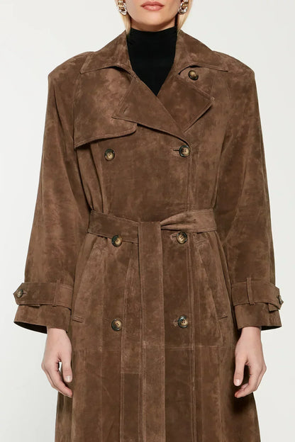 Sibba suede trenchcoat für damen – weicher mantel mit gürtel