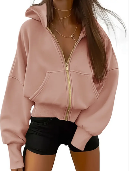 Scharlachroter, verkürzter kapuzenpullover aus baumwolle mit reißverschluss