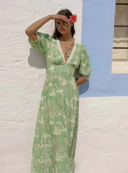 Malak | Maxikleid mit Spitze und Patchwork-Druck für Frauen