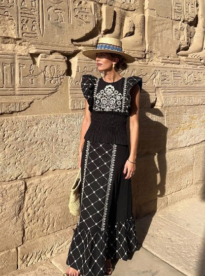 Liyana | Zweiteiliges Set mit bedrucktem Oberteil und fließenden Ärmeln für Frauen