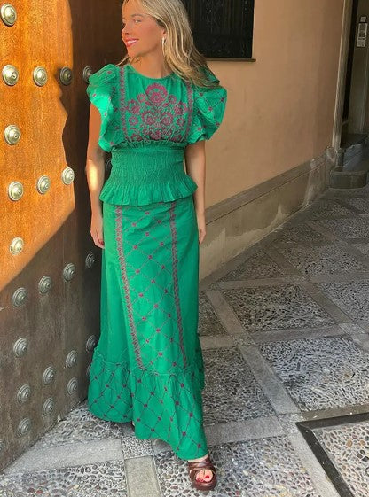 Liyana | Zweiteiliges Set mit bedrucktem Oberteil und fließenden Ärmeln für Frauen