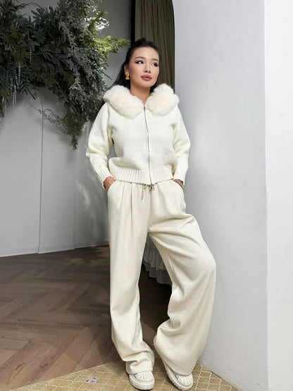 Damen strickjacke grau mit kapuze & kunstpelz – warme winterjacke