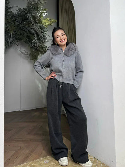 Damen strickjacke grau mit kapuze & kunstpelz – warme winterjacke