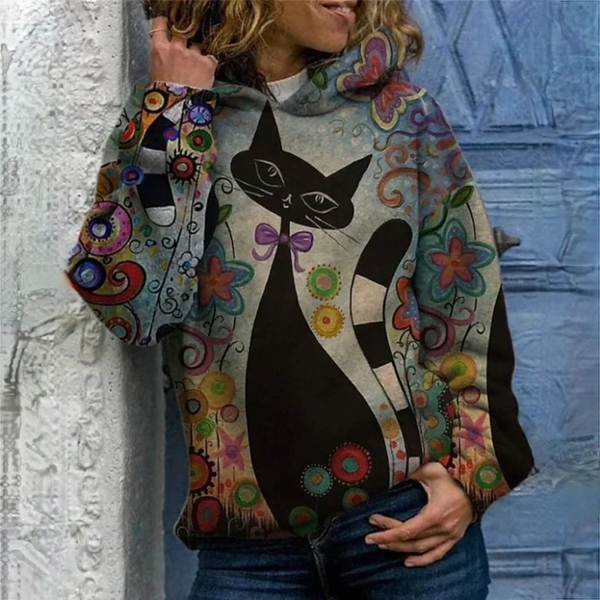 Astrid - eleganter damen-hoodie mit katzenprint