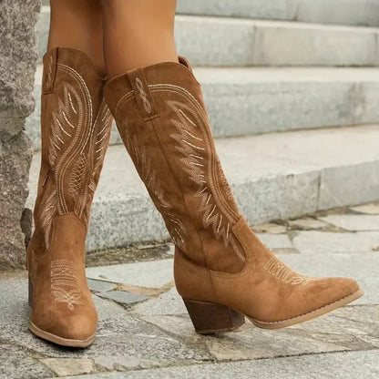 Kniehohe westernstiefel für damen mit stickerei