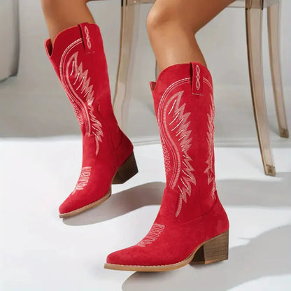 Kniehohe westernstiefel für damen mit stickerei