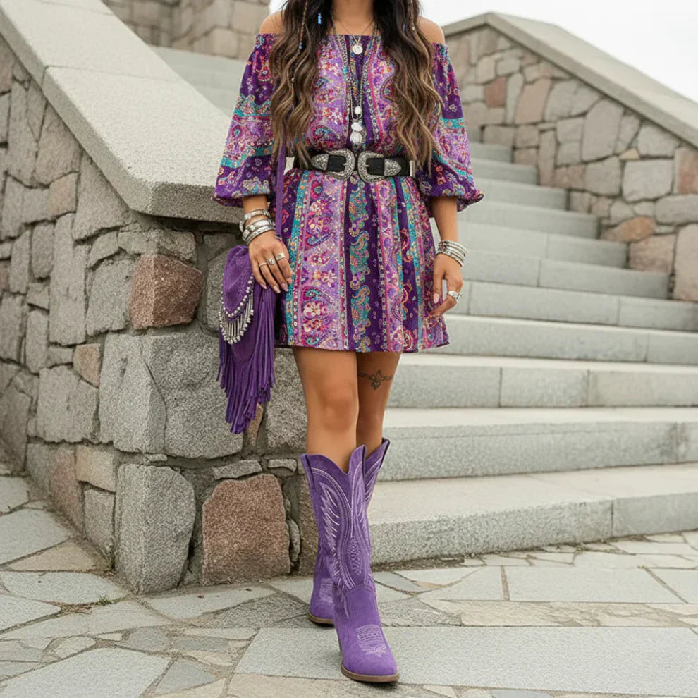 Kniehohe westernstiefel für damen mit stickerei