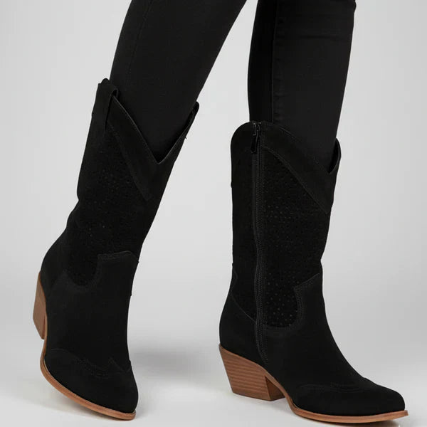 Damen-cowgirl-stiefeletten mit perforation und western-absatz – damen