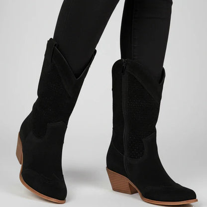 Damen-cowgirl-stiefeletten mit perforation und western-absatz – damen