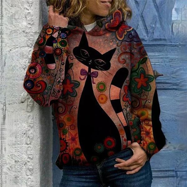 Astrid - eleganter damen-hoodie mit katzenprint